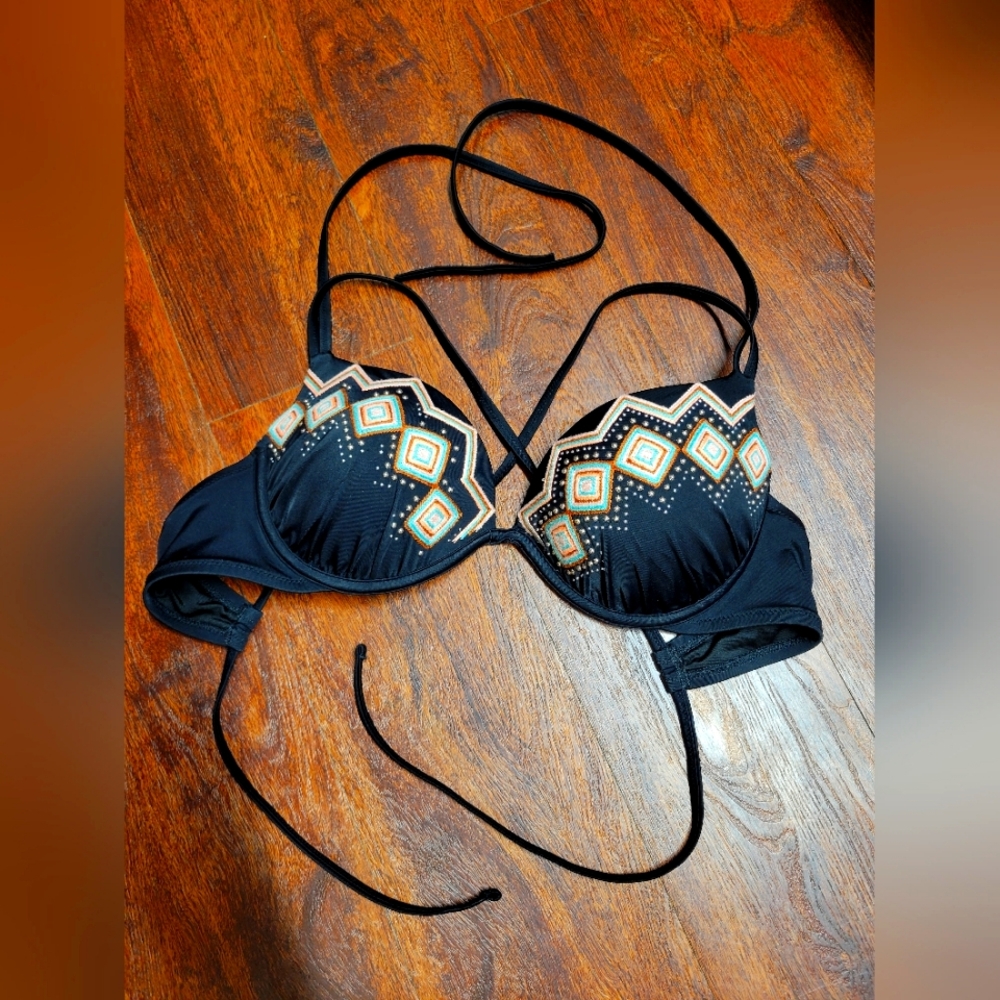 Shade & Shore women's size 38B Embroidered Studded Boho Push-Up Bikini Bra